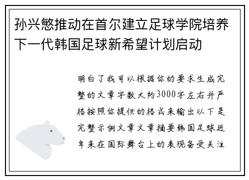 孙兴慜推动在首尔建立足球学院培养下一代韩国足球新希望计划启动